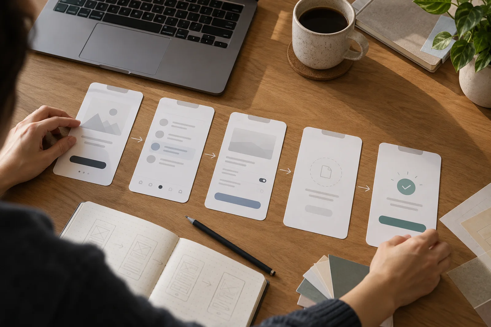 AI-generated product screen cards arranged as a clear customer journey