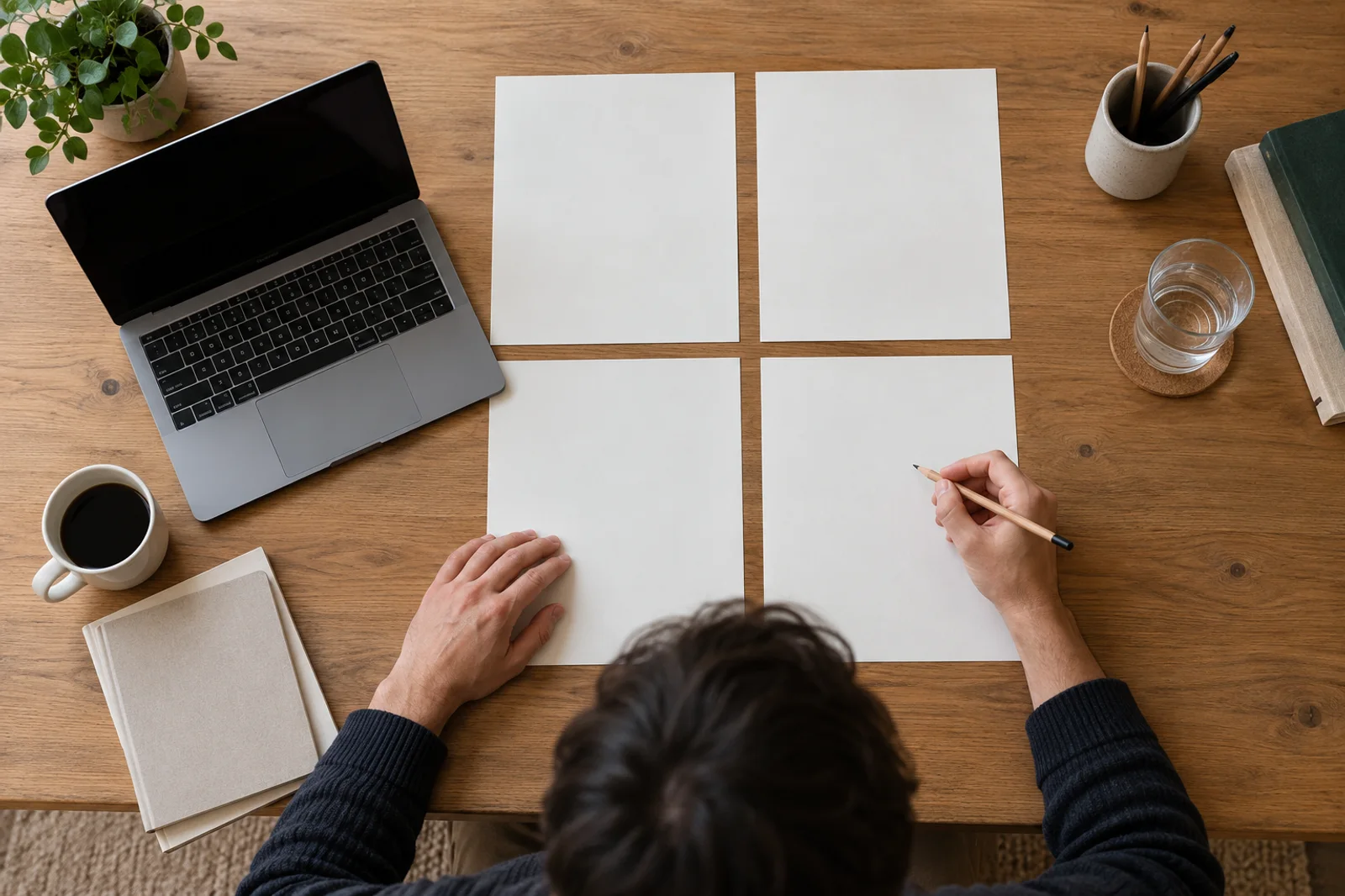 AI-generated overhead scene of a founder turning a business problem into a project brief