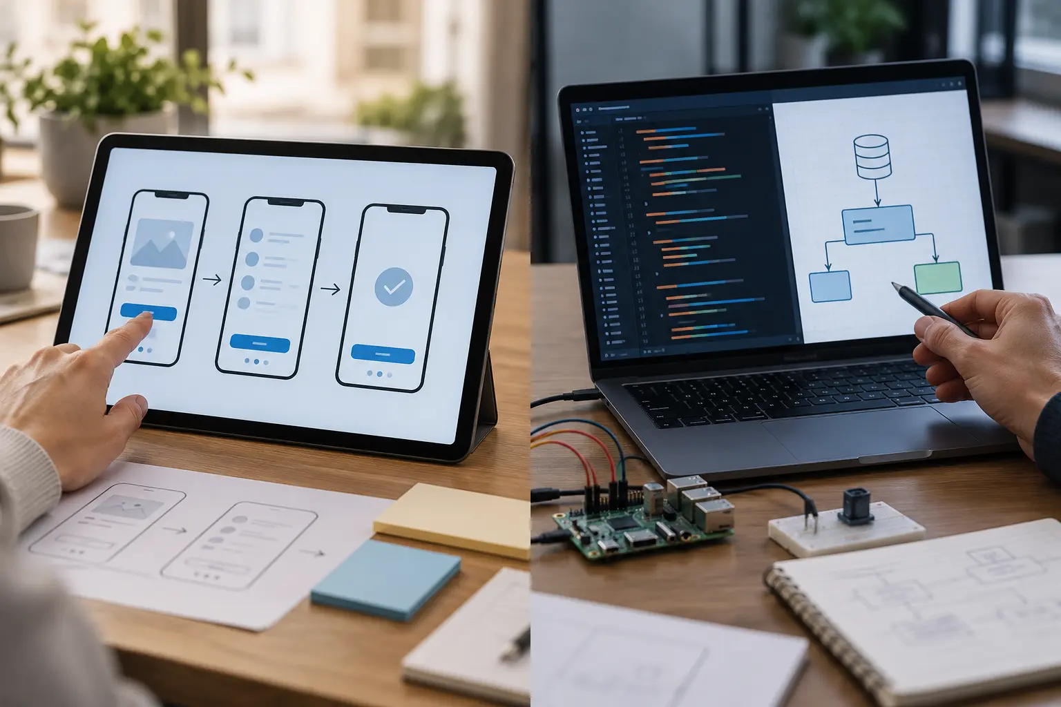 AI-generated split view of an interactive prototype and a technical feasibility test