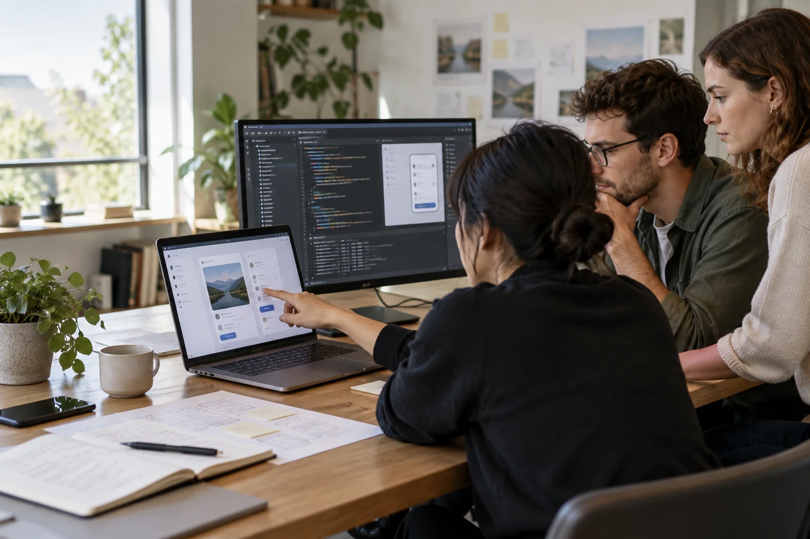AI-generated product team reviewing a prototype alongside a technical feasibility test