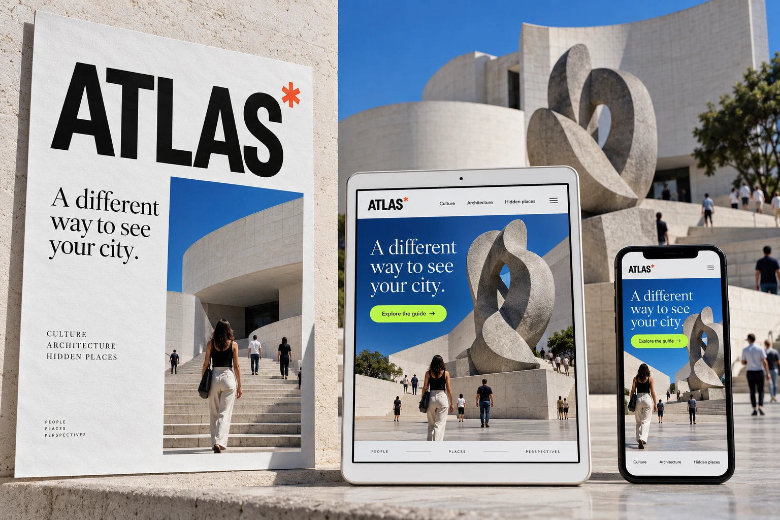 Fictional ATLAS cultural guide: art and architecture photography, with matching tablet and mobile designs that preserve the same visual identity.