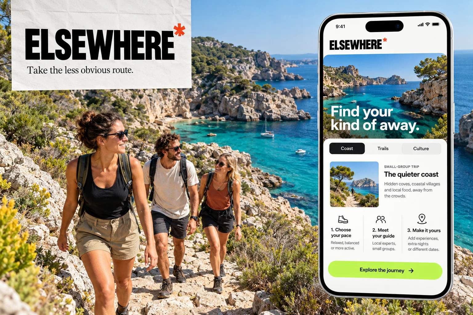 Fictional ELSEWHERE travel service: people walking a Mediterranean coast and a mobile experience for matching a small-group journey to a customer's interests.