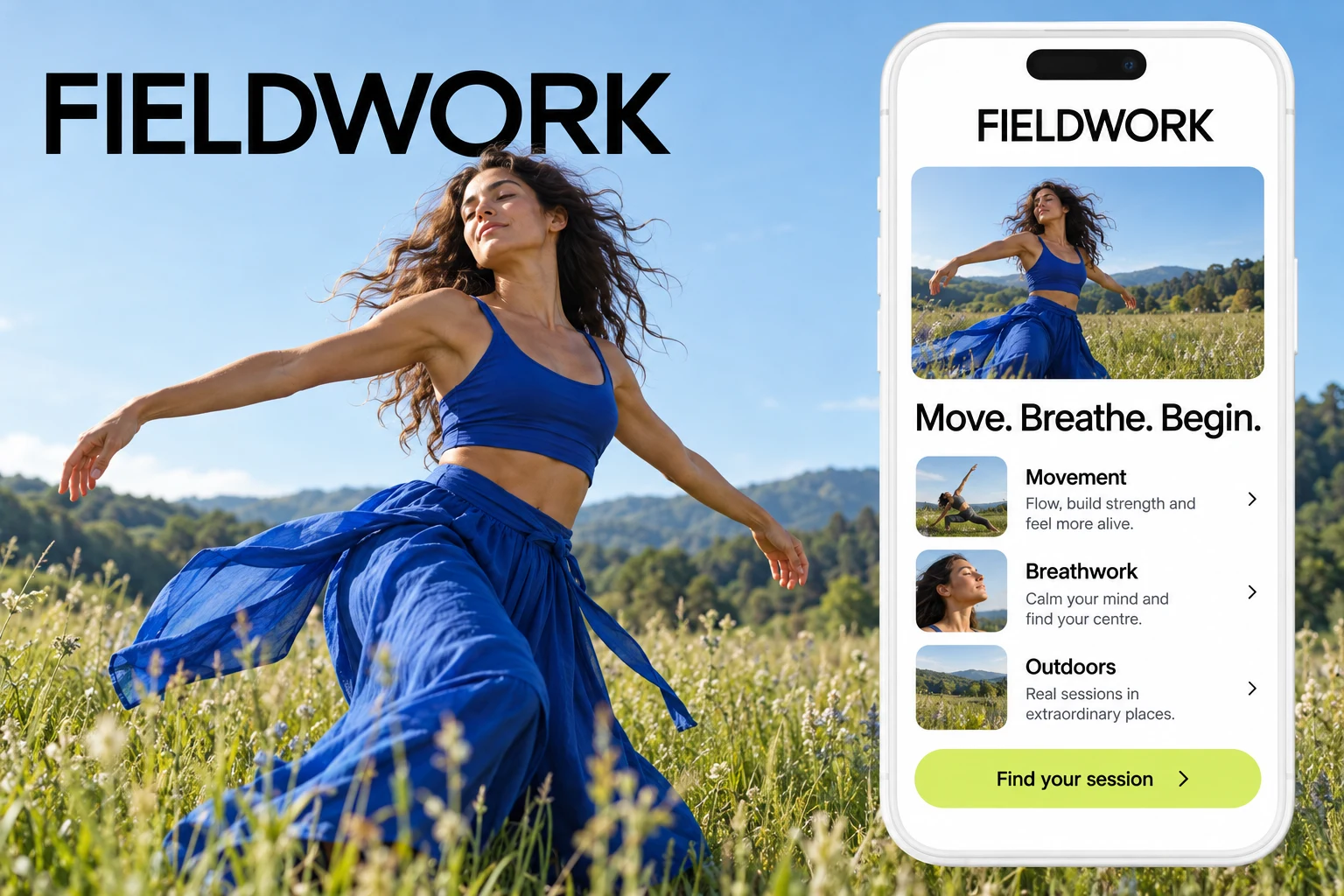 Fictional FIELDWORK movement service: a dancer in a blue outfit in a meadow, alongside a mobile experience for choosing a session.