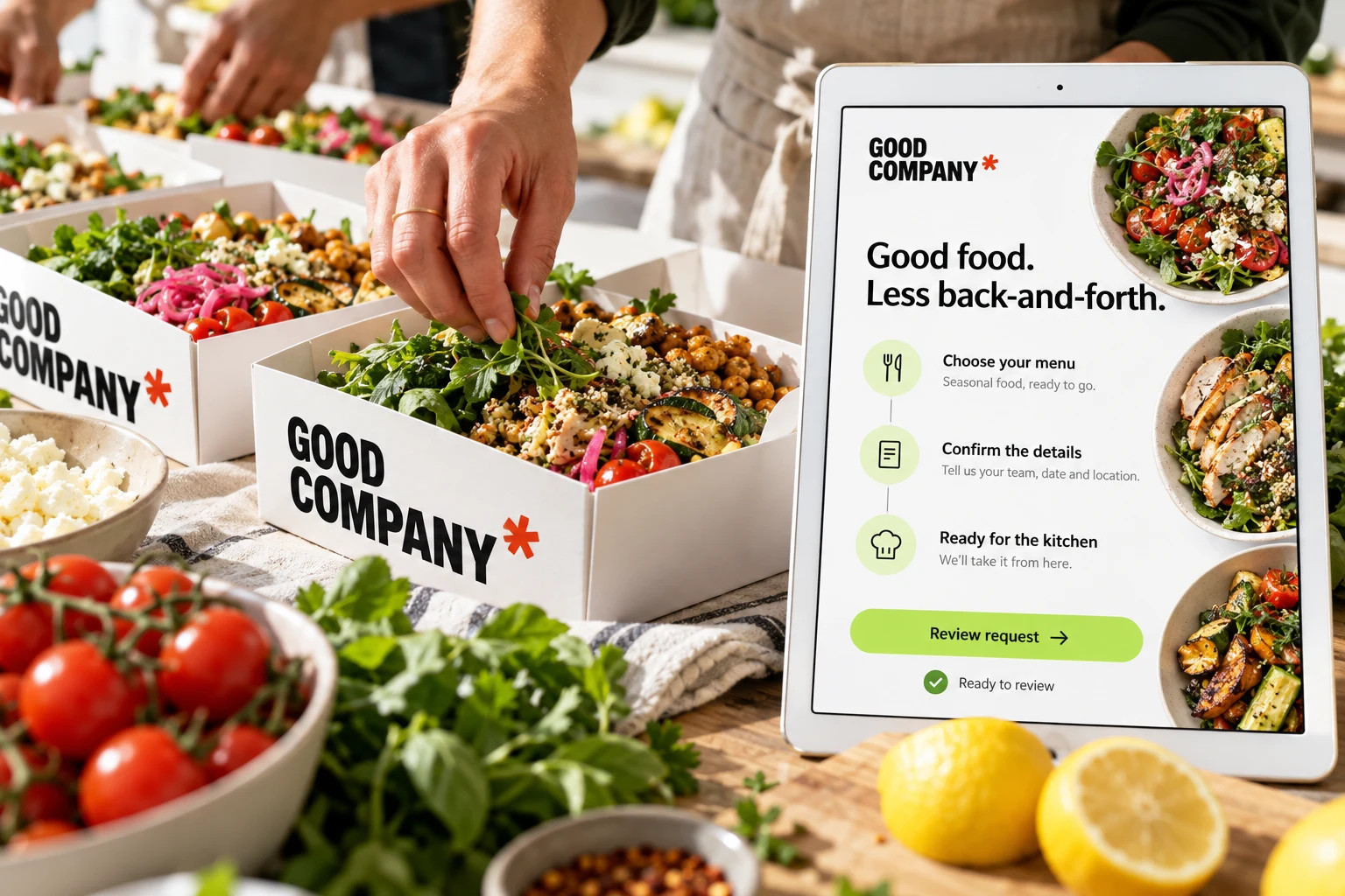 Fictional GOOD COMPANY food business: hands preparing colorful seasonal meals and a tablet experience that turns a menu choice into a clear kitchen request.