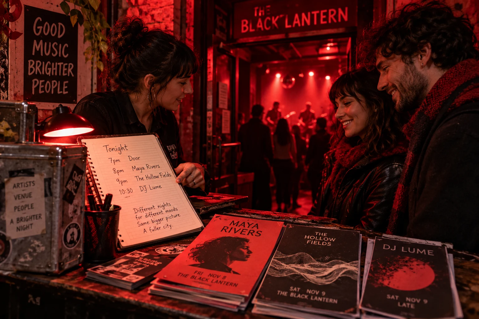 A venue curator talks with visitors beside gig flyers and a handwritten schedule: the business idea is to connect people with the right local night.