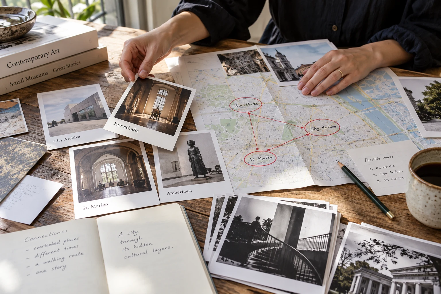 A cultural curator connects exhibition postcards on a paper city map, shaping a personal discovery route before any digital interface exists.