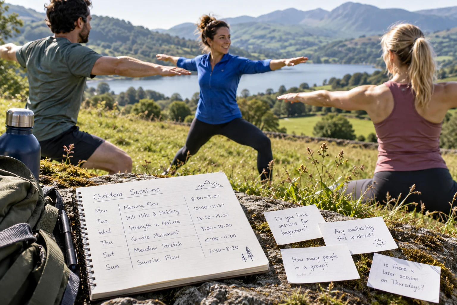 An outdoor movement instructor leads a small group; a paper timetable and customer enquiries show the need to make sessions easier to discover and choose.